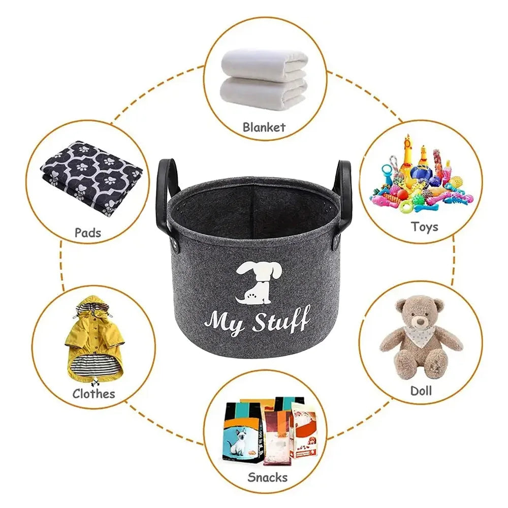 Felt Pet Toy Storage Basket for Toys, Blankets, Leashes, and Food.