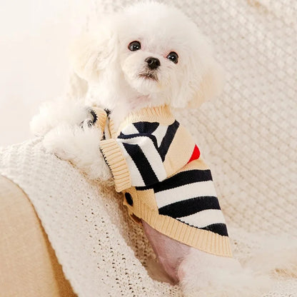Luxury Pet Striped Cardigan Sweater – Warm Coat for puppies, Stylish Winter Pet Outfit.