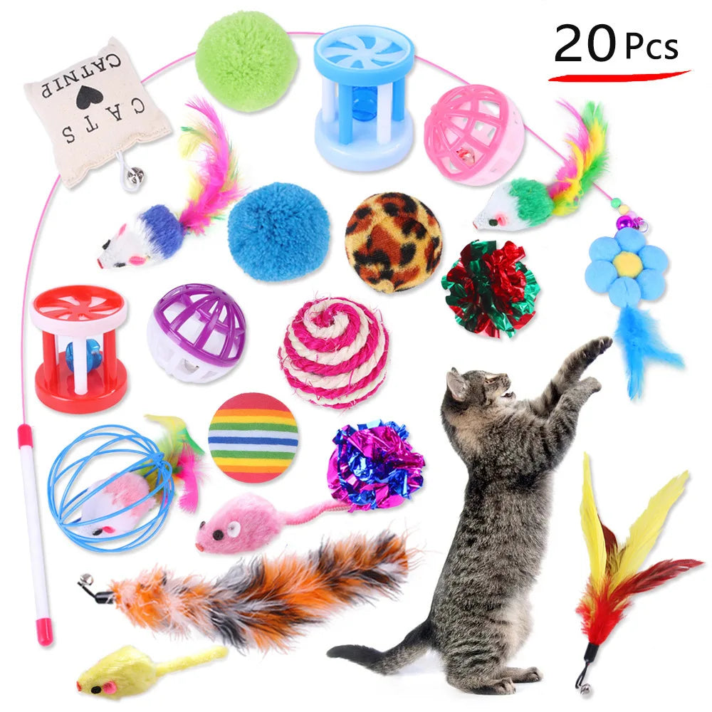 12PCS/20PCS Cat Toy Set – Interactive Kitten Toy Variety Pack with Teaser Wand, Sisal Mice, Bell Balls & Fun Cat Accessories.