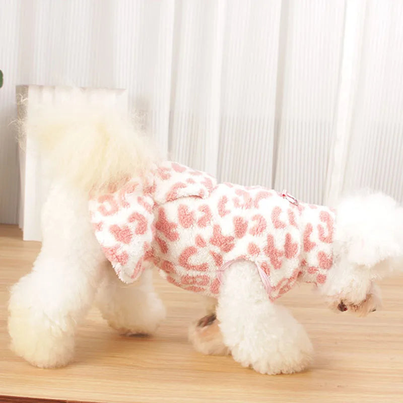 Leopard Dog Dress Coat – Winter Fleece Pullover Hoodie Vest for Small Dogs, Sleeveless Puppy Sweatshirt with Skirt Design.