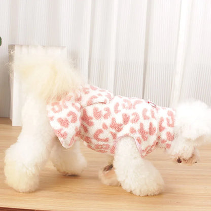 Leopard Dog Dress Coat – Winter Fleece Pullover Hoodie Vest for Small Dogs, Sleeveless Puppy Sweatshirt with Skirt Design.