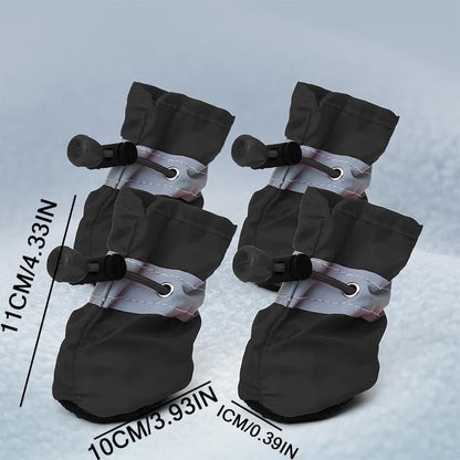 4PCS Waterproof Dog Boots – Non-Slip Sole with Reflective Strips, Adjustable Drawstring & Soft Breathable Lining for Small Dogs.