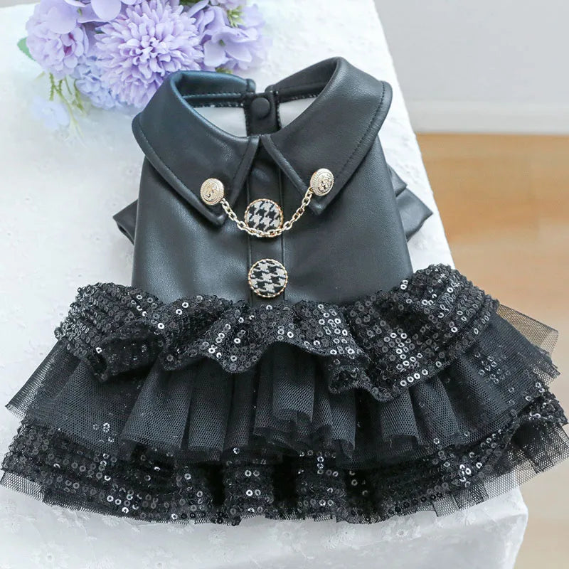 Luxury Black PU Dog Coat Dress – Warm Winter Leather Outfit with Sequins & Tulle Skirt for Small Dogs.
