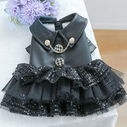 Luxury Black PU Dog Coat Dress – Warm Winter Leather Outfit with Sequins & Tulle Skirt for Small Dogs.