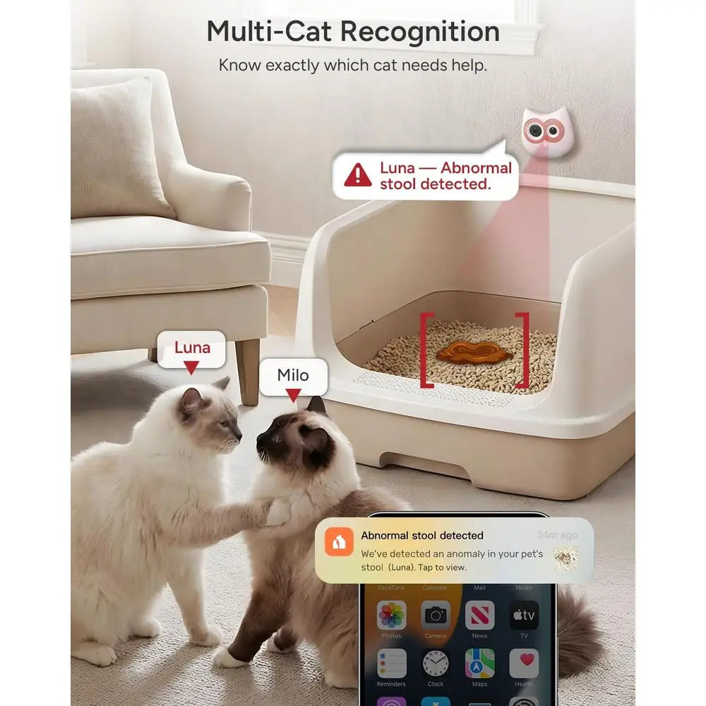 AI Cat Litter Box Camera – Smart Cat Monitoring with Toileting Behavior Tracking, Abnormal Alerts & Compatibility with Automatic and Standard Litter Boxes for Multi-Cat Homes.