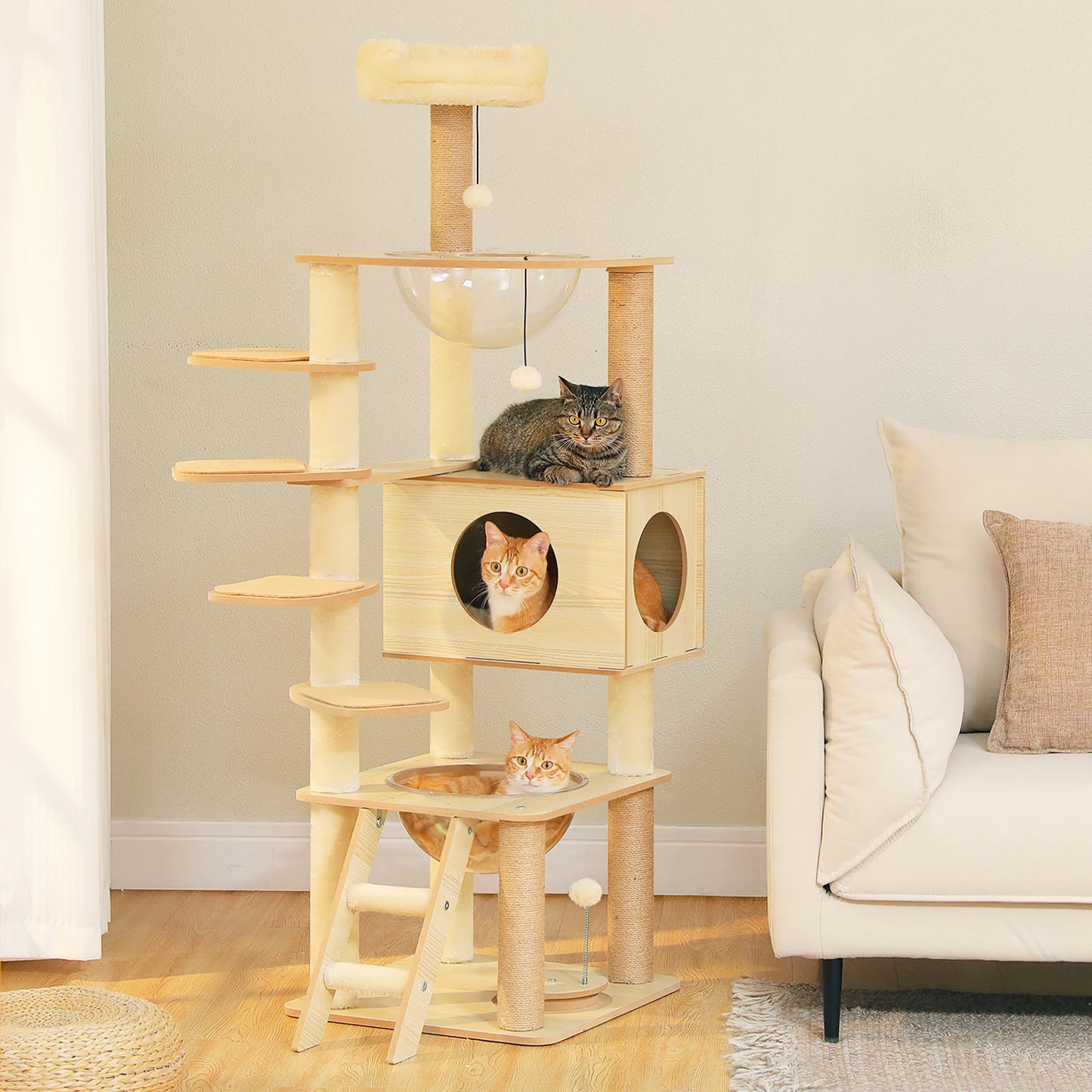 Multi-Level Wooden Cat Tree – Indoor Cat Tower with Scratching Posts, Condo, Hammock & Top Perch, Spacious Cat Scratcher & Play Center.