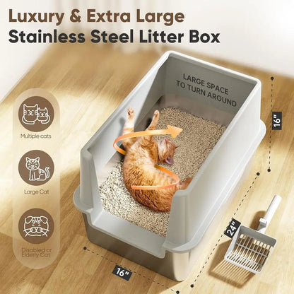 16" High-Sided Stainless Steel Litter Box with Lid – XL/XXL Extra Large Enclosed Metal Cat Litter Box for Big Cats & Kittens, Odor & Stain Resistant Design.