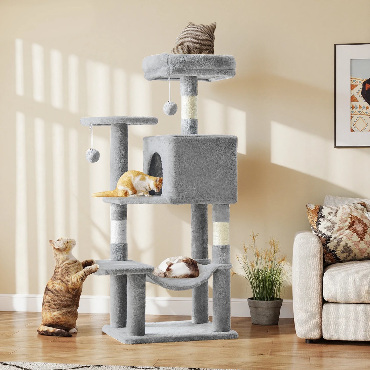 JHK 44" Cat Tree – Tall Multi-Level Climbing Tower with Sisal Scratching Posts & Stable Indoor Cat House Furniture.