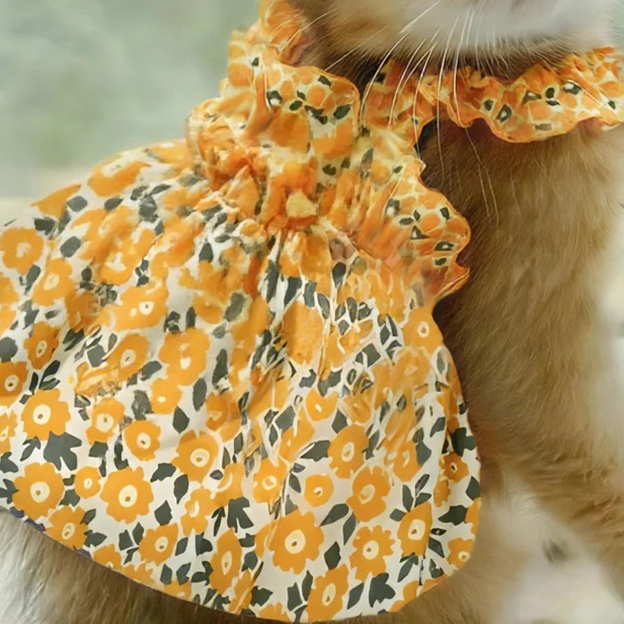 Breathable Cat Summer Dress – Orange Floral Skirt with Soft Bowtie & Elastic T-Shirt Design for Kittens and Small Pets.
