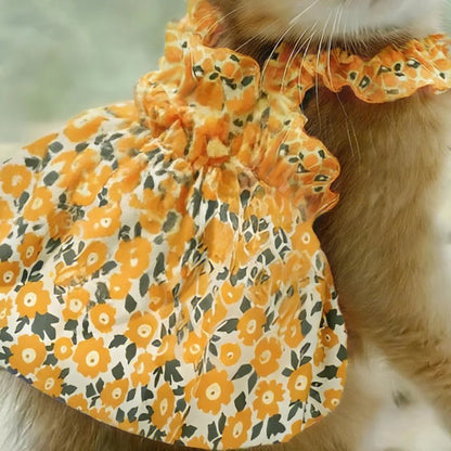 Breathable Cat Summer Dress – Orange Floral Skirt with Soft Bowtie & Elastic T-Shirt Design for Kittens and Small Pets.