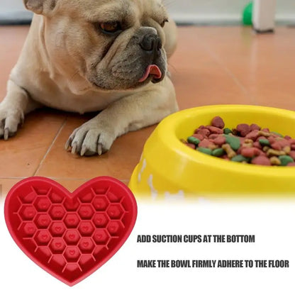Pet Slow Feeder Bowl – Silicone Heart-Shaped Dog & Cat Bowl with Non-Slip Suction Cups, Anti-Choking Feeding Design.