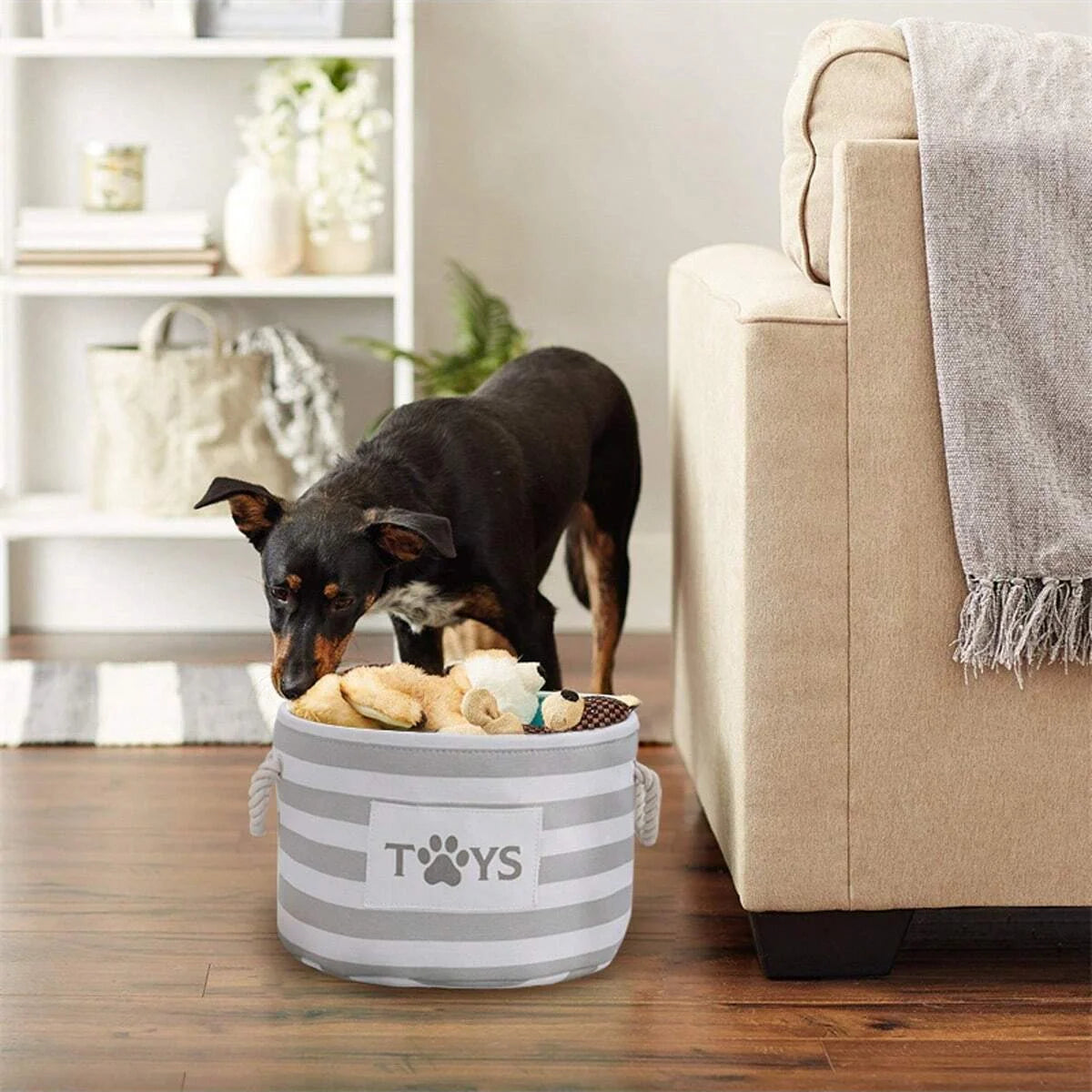 Foldable Striped Pet Toy Storage Basket with Woven Rope Handles