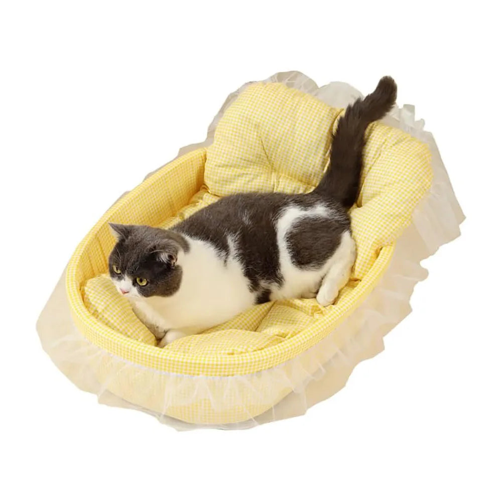 Cute Lace-Trimmed Pet Sofa Bed – Washable Removable Plush Oval Cushion for Cats & Small Dogs, Four-Season Princess-Style Sleeping Bed.