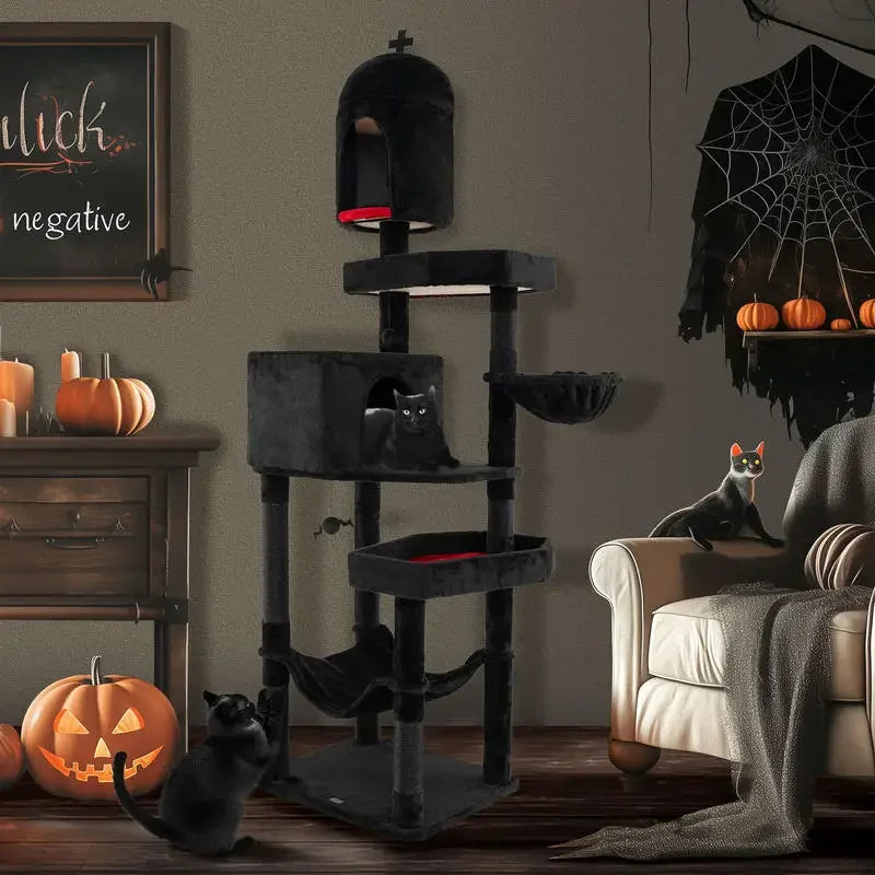 Gothic Cat Tree for Indoor Cats – Black Multi-Level Cat Tower with 2 Cat Condos, Coffin Bed & Scratching Posts.