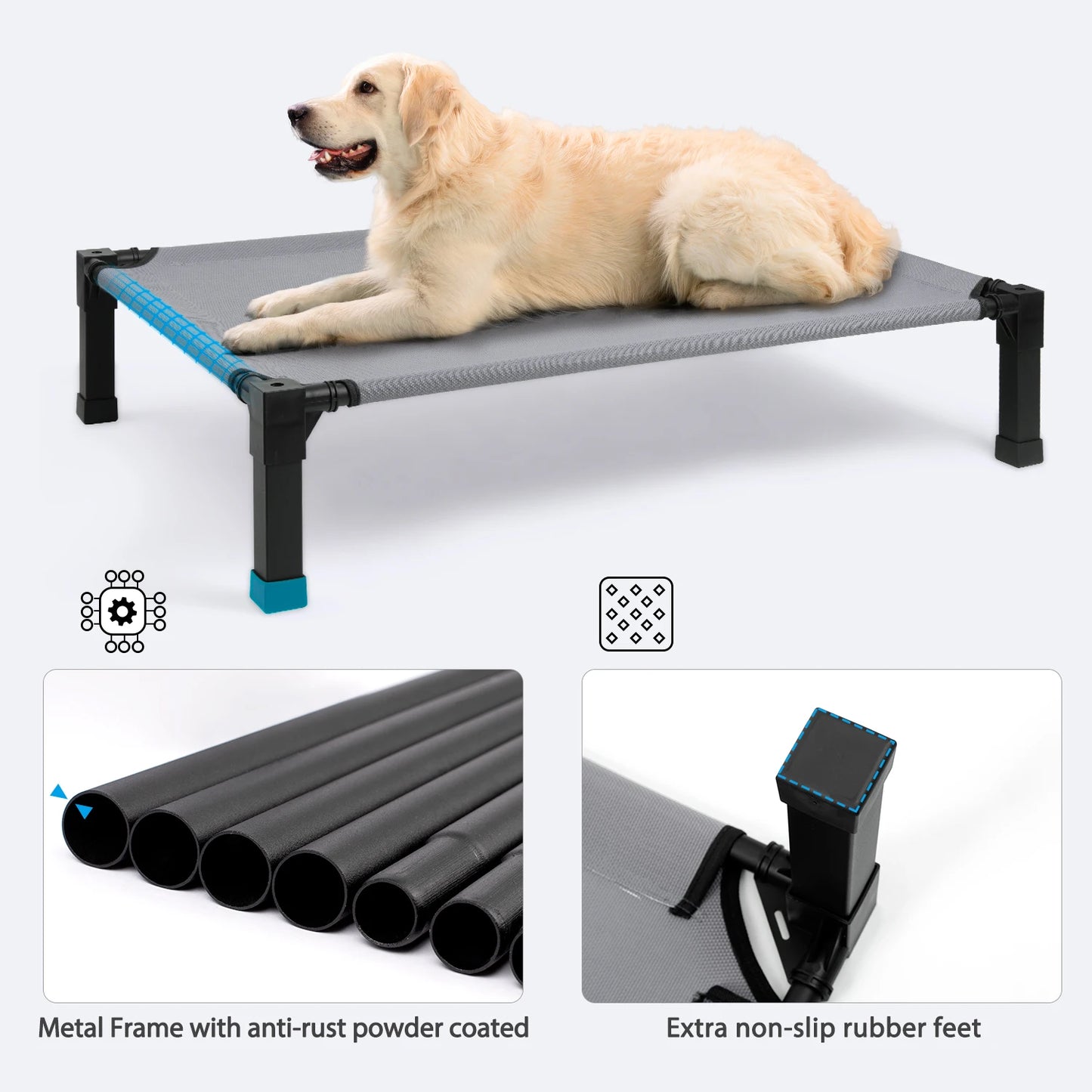 Elevated Cooling Dog Bed – Raised Pet Cot with Breathable Mesh, Chew-Resistant Washable Fabric & Metal Frame, Portable Dog Bed for Indoor & Outdoor Use.