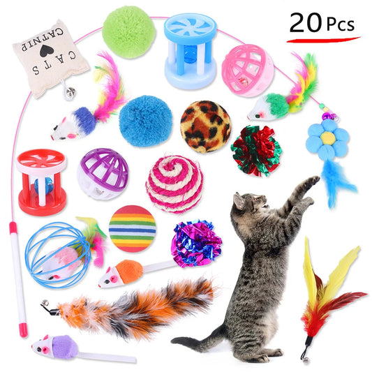 DualPet 20-Piece Cat Toy Set – Variety Pack with Teaser Wand, Sisal Mice, Bell Balls & Interactive Kitten Toys for Indoor Cats.
